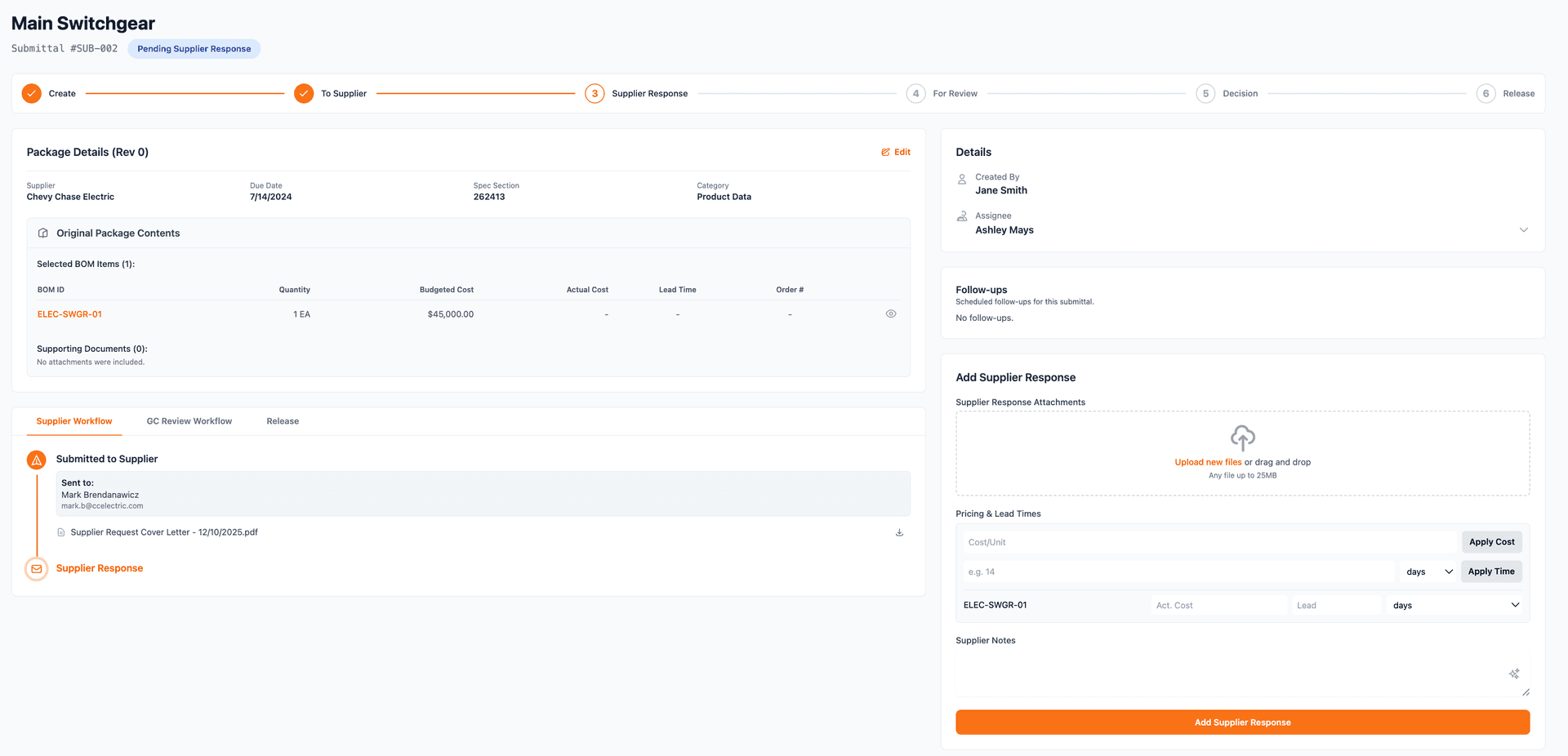 Dashboard of Biltix.ai showing total project management features like RFIs and submittals.